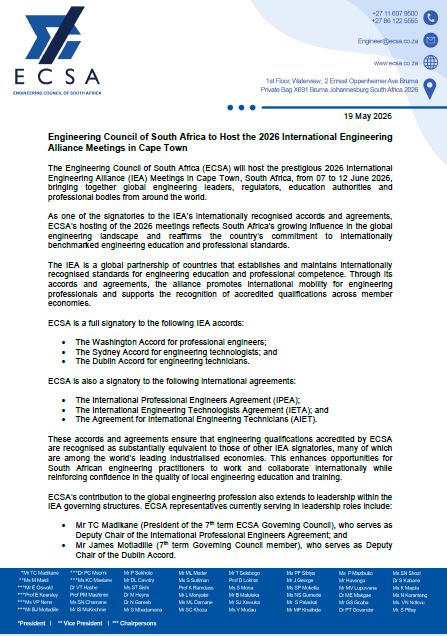 Engineering Council of South Africa to Host the 2026 International Engineering Alliance Meetings in Cape Town