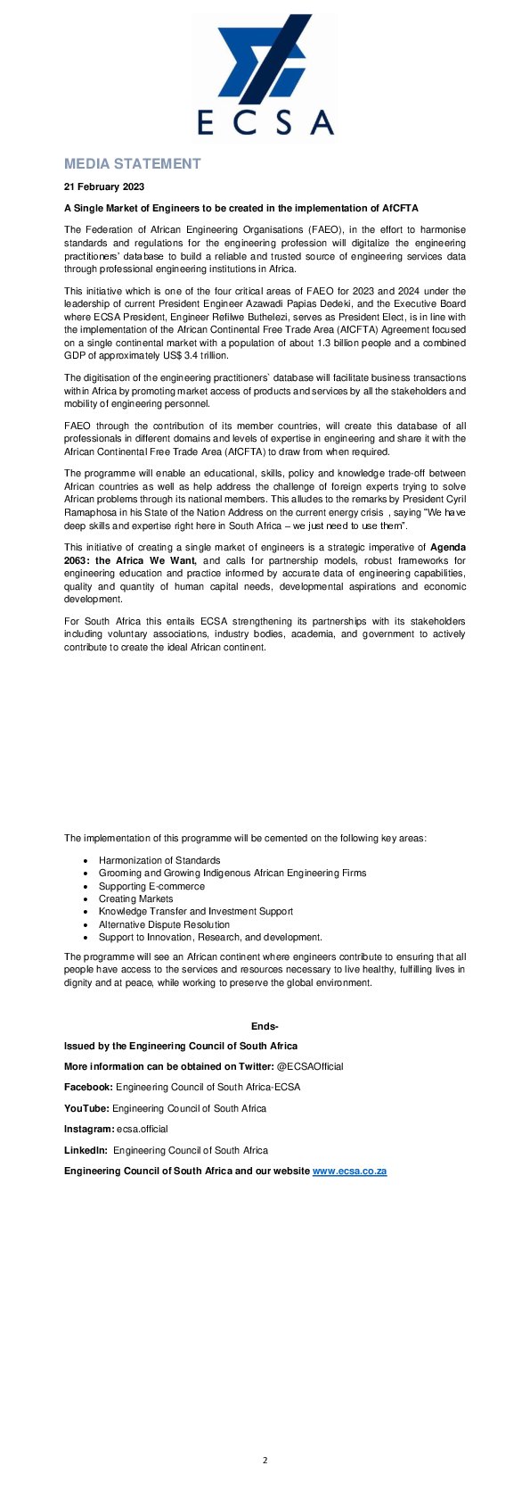 A Single Market of Engineers to Be Created in the Implementation of AfCFTA