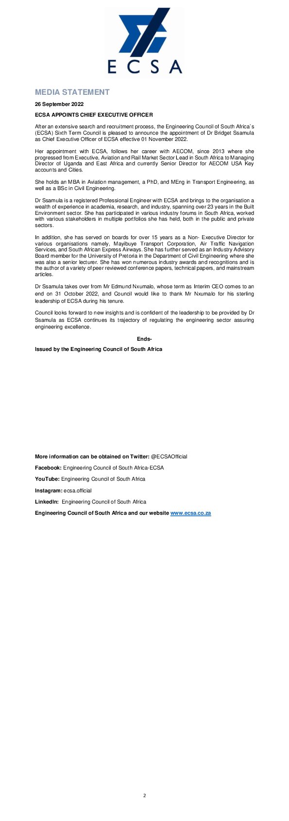 ECSA Appoints Dr Bridget Ssamula as Chief Executive Officer