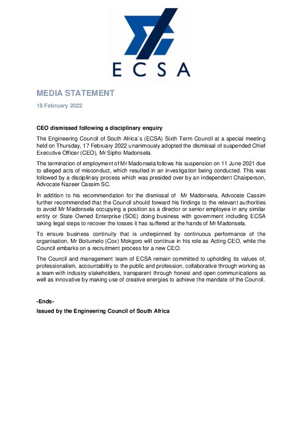 ECSA CEO Sipho Madonsela Dismissed Following a Disciplinary Enquiry