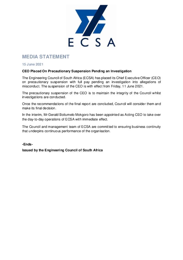 ECSA CEO Placed on Precautionary Suspension Pending an Investigation