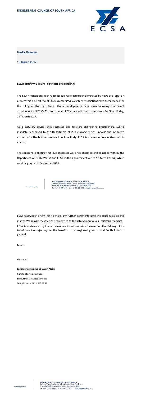 ECSA Confirms Court Litigation Proceedings