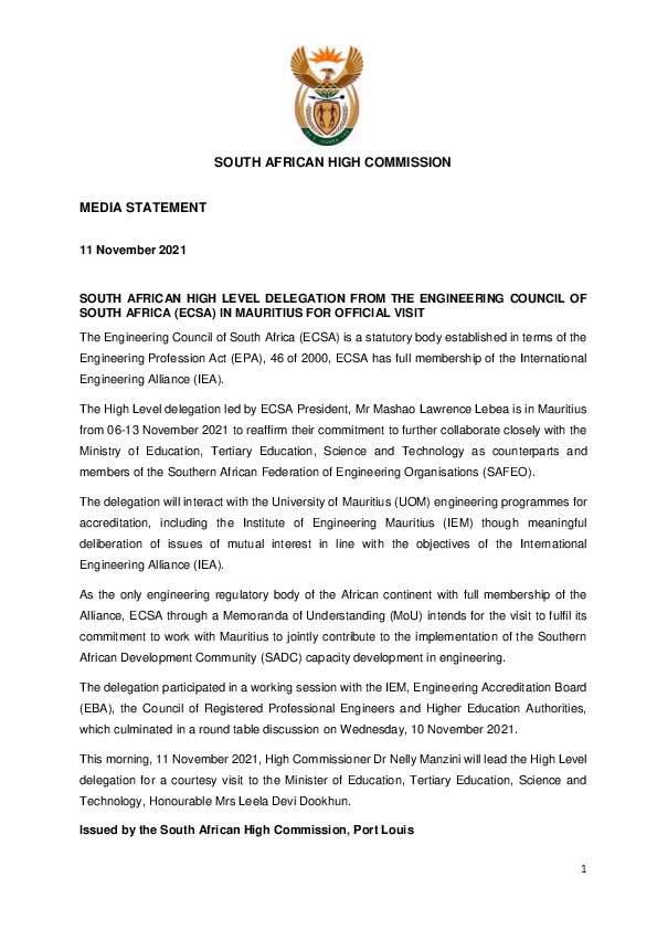 South African High-Level Delegation from ECSA in Mauritius for Official Visit