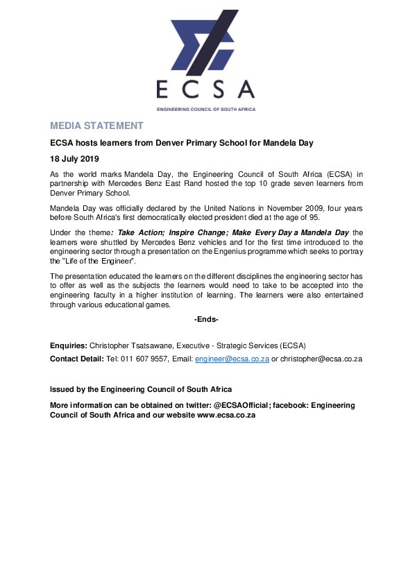 ECSA Hosts Learners from Denver Primary School for Mandela Day