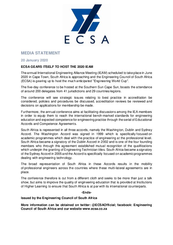 ECSA Gears Itself to Host the 2020 IEAM in Cape Town