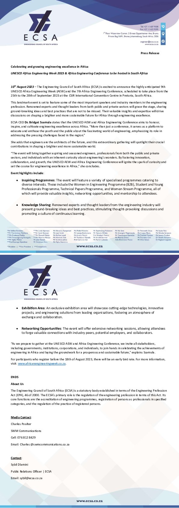 ECSA to Host UNESCO Africa Engineering Week 2023 in Pretoria