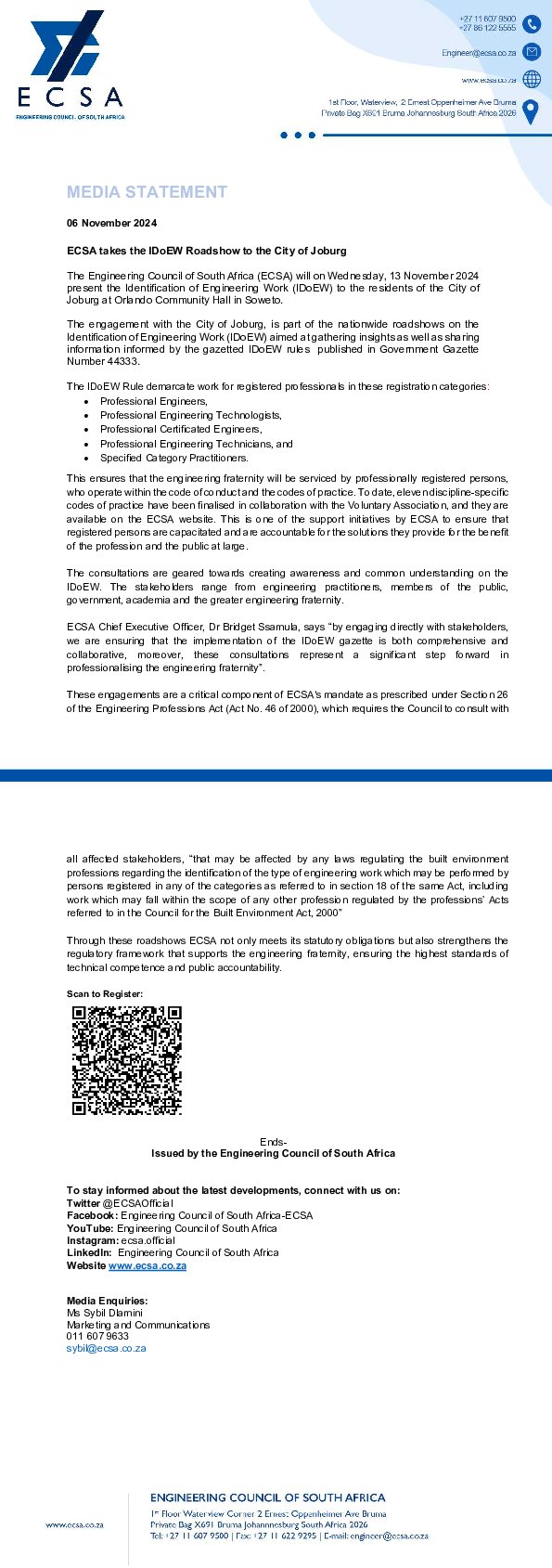 ECSA Takes the Identification of Engineering Work Roadshow to the City of Joburg