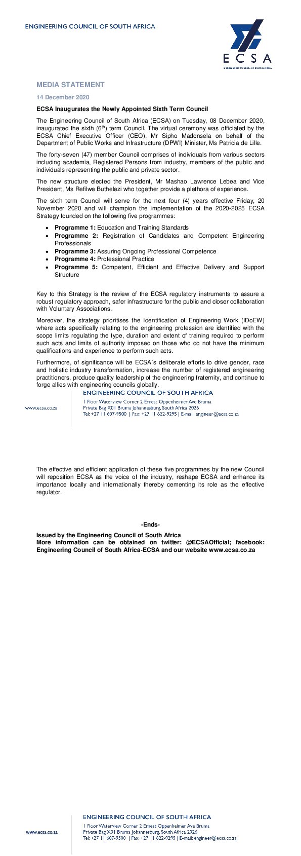 ECSA Inaugurates the Newly Appointed Sixth Term Council