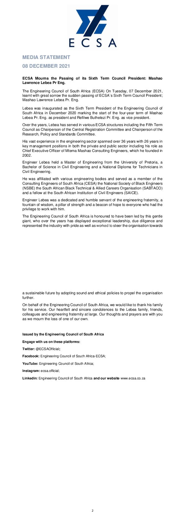 ECSA Mourns the Passing of Its Sixth Term Council President, Mashao Lawrence Lebea Pr Eng