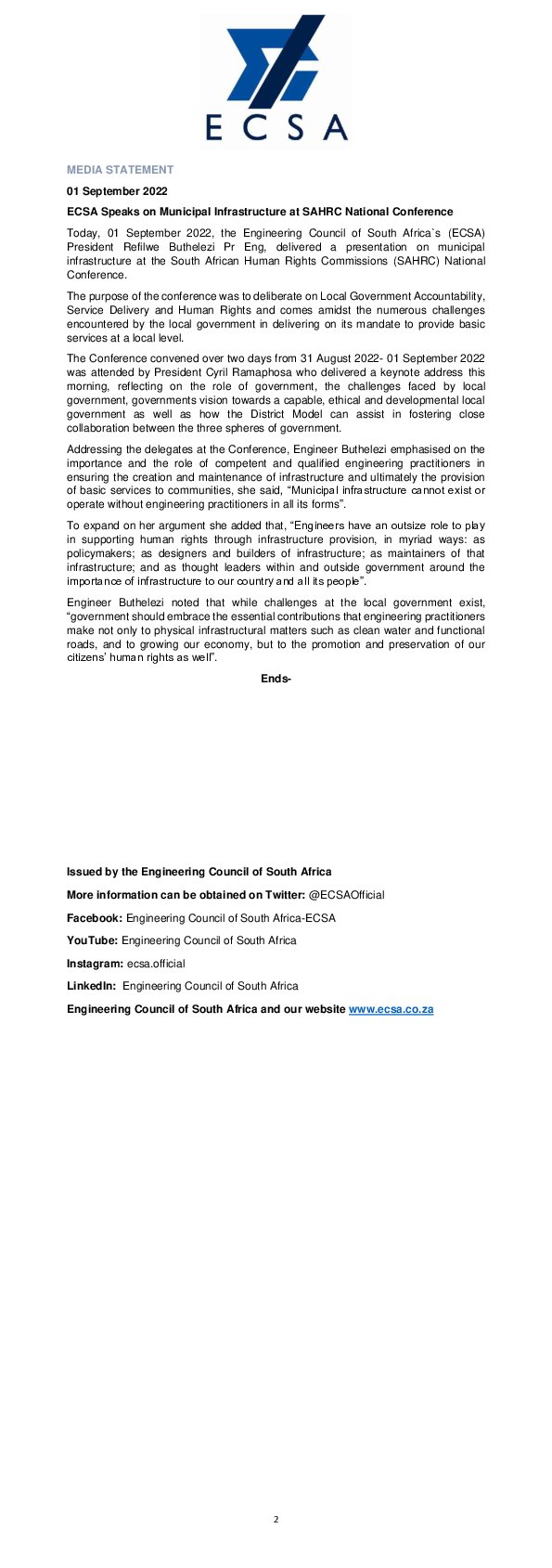 ECSA Speaks on Municipal Infrastructure at SAHRC National Conference