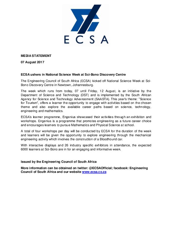 ECSA Ushers in National Science Week at Sci-Bono Discovery Centre
