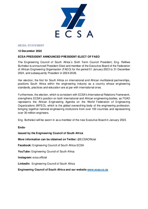 ECSA President Refilwe Buthelezi Announced President-Elect of FAEO