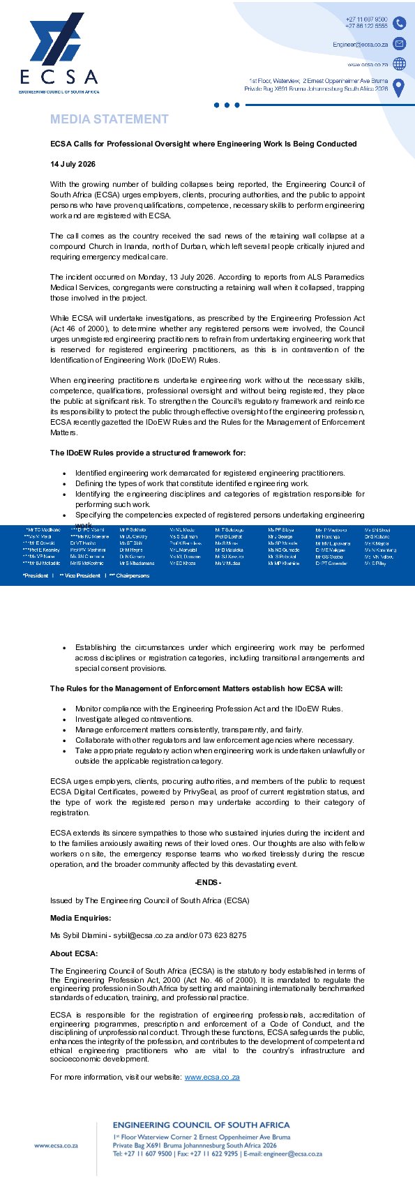 ECSA Calls for Professional Oversight Where Engineering Work Is Being Conducted