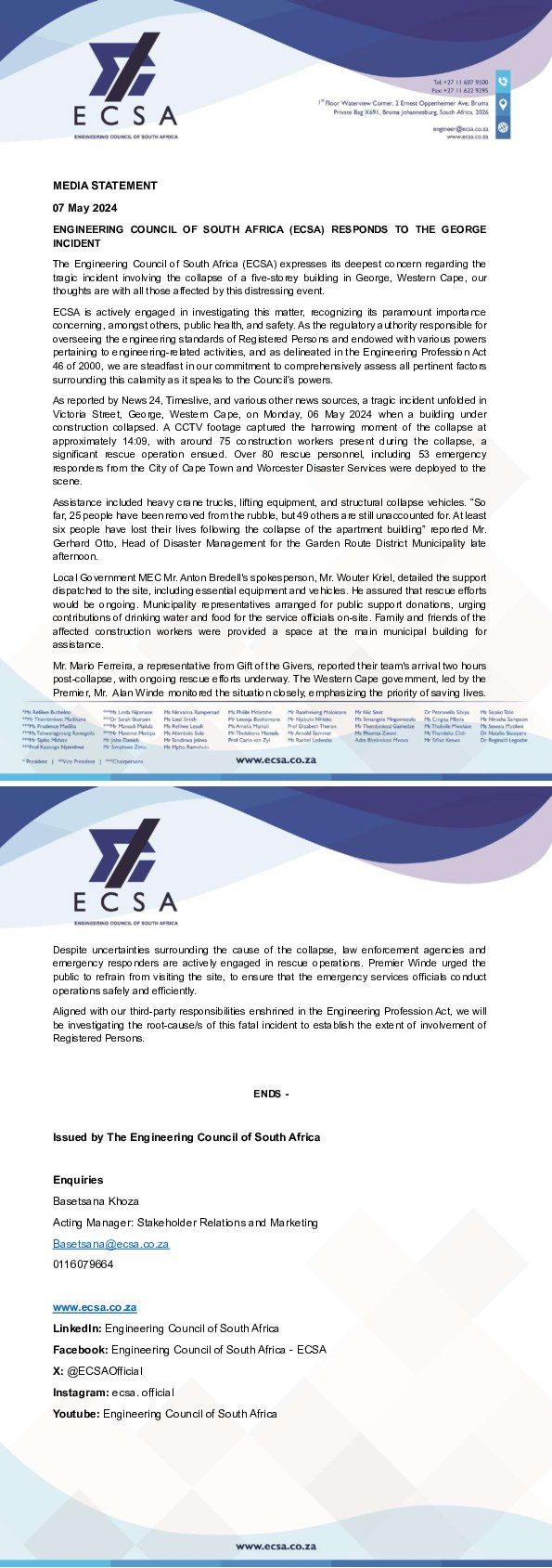 ECSA Responds to the George Building Collapse Incident