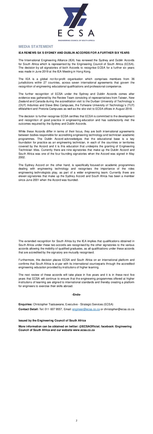 IEA Renews South Africa's Sydney and Dublin Accords for a Further Six Years