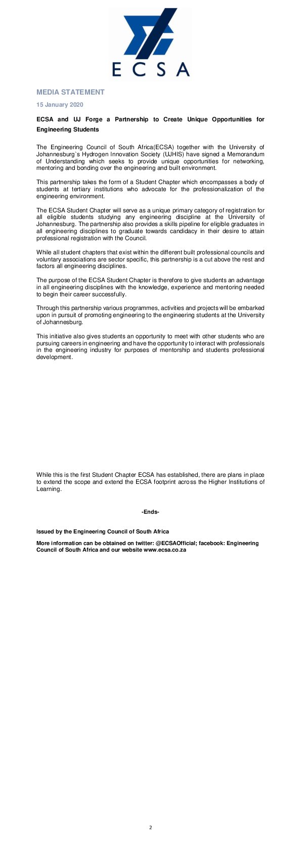 ECSA and UJ Forge a Partnership to Create Unique Opportunities for Engineering Students
