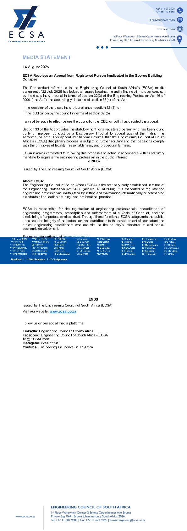 ECSA Receives Appeal from Registered Person Implicated in George Building Collapse