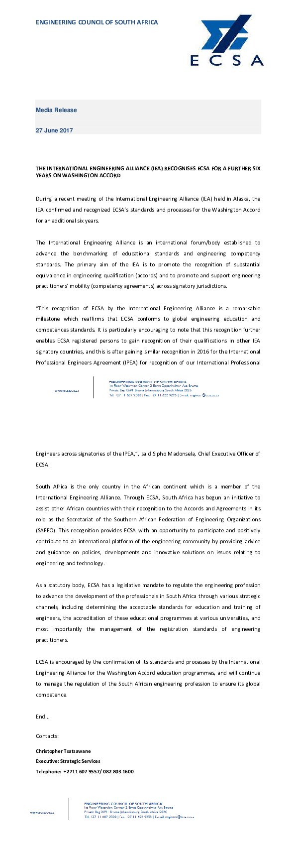 International Engineering Alliance Recognises ECSA on the Washington Accord for a Further Six Years