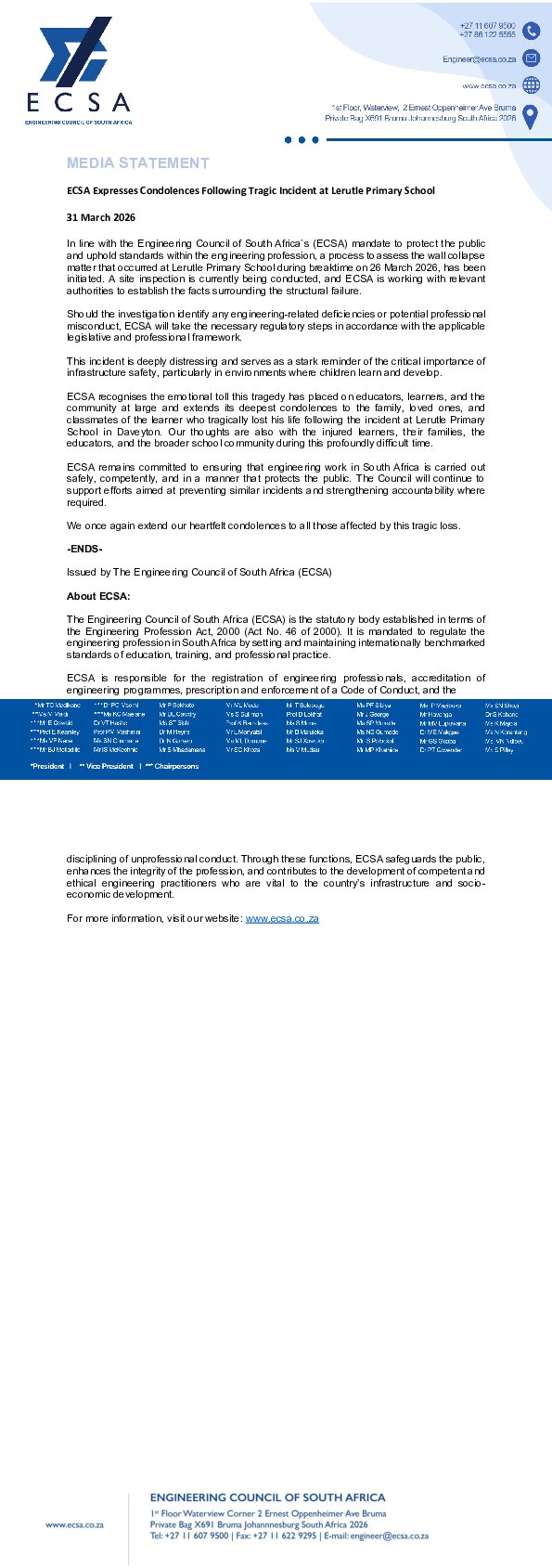 ECSA Expresses Condolences and Launches Investigation Following Lerutle Primary School Wall Collapse