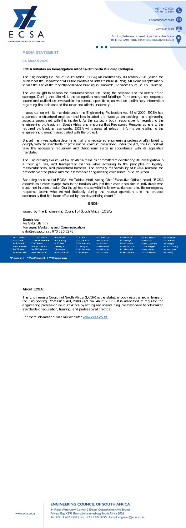 ECSA Initiates an Investigation into the Ormonde Building Collapse