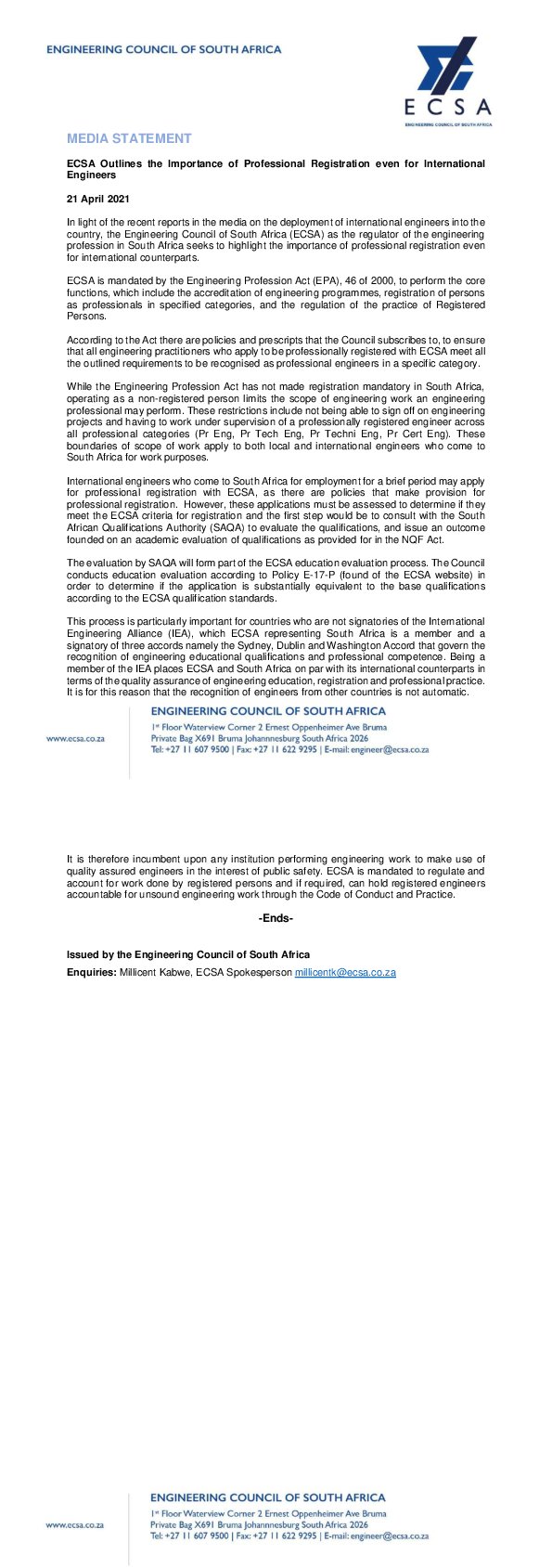 ECSA Outlines the Importance of Professional Registration Even for International Engineers