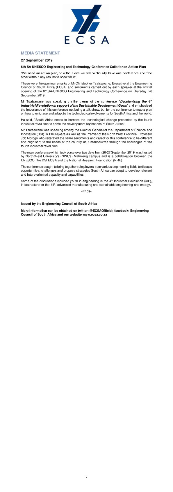 6th SA-UNESCO Engineering and Technology Conference Calls for an Action Plan
