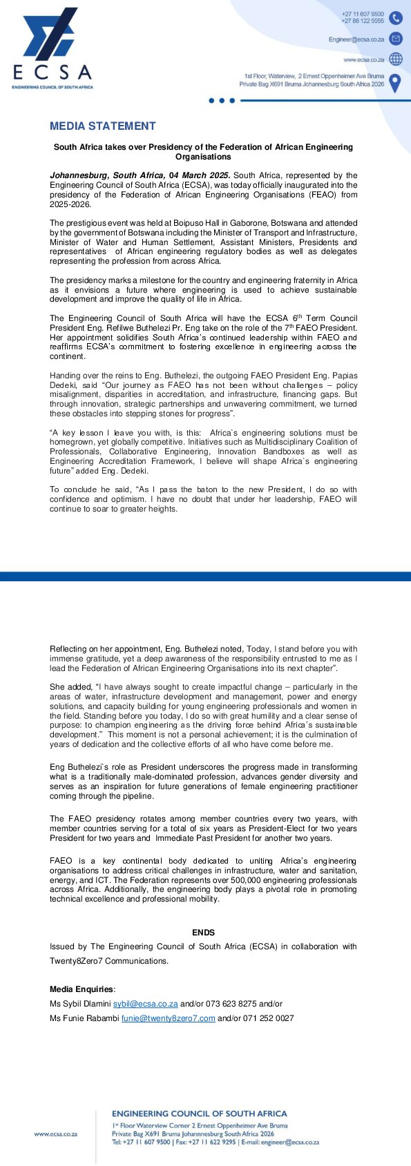 South Africa Takes Over Presidency of the Federation of African Engineering Organisations